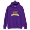 Purple hoodie sweatshirt with funny image of an old school rose flash tattoo with the words 'No ragrets' intentionally misspelled.