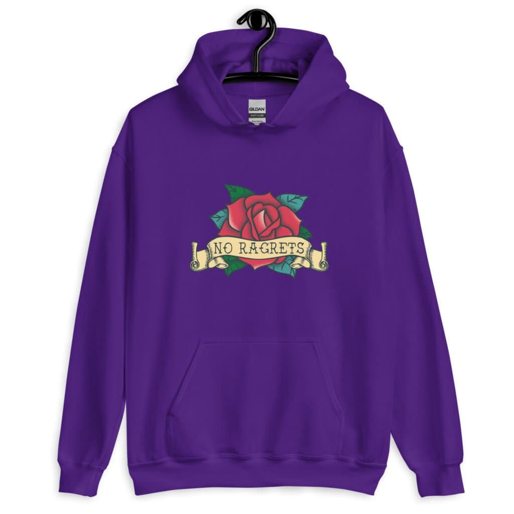 Purple hoodie sweatshirt with funny image of an old school rose flash tattoo with the words 'No ragrets' intentionally misspelled.