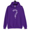 Purple hoodie sweatshirt with the text 'Question everything' printed on the front. The words are in the shape of a question mark.