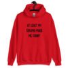 Red hoodie sweatshirt with the text 'At least my trauma made me funny' printed on the front.