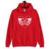 Red hoodie sweatshirt with a heart and skeleton hands making a heart shape printed on the front. The words 'Cancel Me' are inside of the heart.