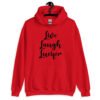 Red hoodie sweatshirt with the parody phrase 'Live, Laugh, Lucifer' printed on the front.