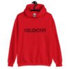Red hoodie sweatshirt with the word Psychology printed in reverse on the front.
