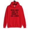 Red hoodie sweatshirt with the text 'Voted most likely to become a cult leader' printed on the front.