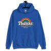 Royal blue hoodie sweatshirt with an image of a rainbow and the words 'Thanks for the childhood trauma' printed on the front. The word Thanks is large and the rest of the words are smaller under.