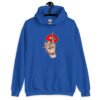 Royal blue hoodie sweatshirt with an image of a hand over lips making the shh gesture. The words 'Shut the fuck up' are printed on the hand. The graphics are printed on the front.