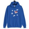 Royal blue hoodie sweatshirt with Eileen name tag and white splatters printed on the front.