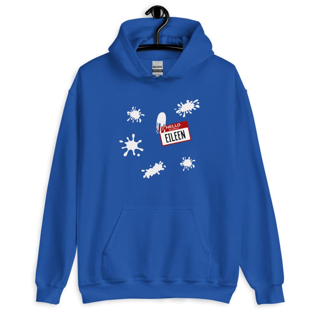 Royal blue hoodie sweatshirt with Eileen name tag and white splatters printed on the front.