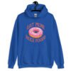 Royal blue hoodie sweatshirt with an image of a donut with pink icing and sprinkles and the text 'Eat more hole foods' printed on the front.