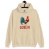 Sand color hoodie with an image of a rooster and the word 'Goblin' printed under the rooster. The graphics are printed on the front of the hoodie.