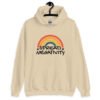 Sand color hoodie sweatshirt with a graphic of a rainbow and the words 'Spread negativity' printed on the front.