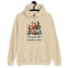 Sand color hoodie sweatshirt with an image of grey haired older woman enjoying a bite of a piece of cake with the words 'I hope your cake is as moist as I am' printed on the front.