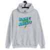 Sport grey hoodie sweatshirt with the phrase 'Blame is on the anxiety' printed on the front. The graphics are bold and in aqua and lime green.
