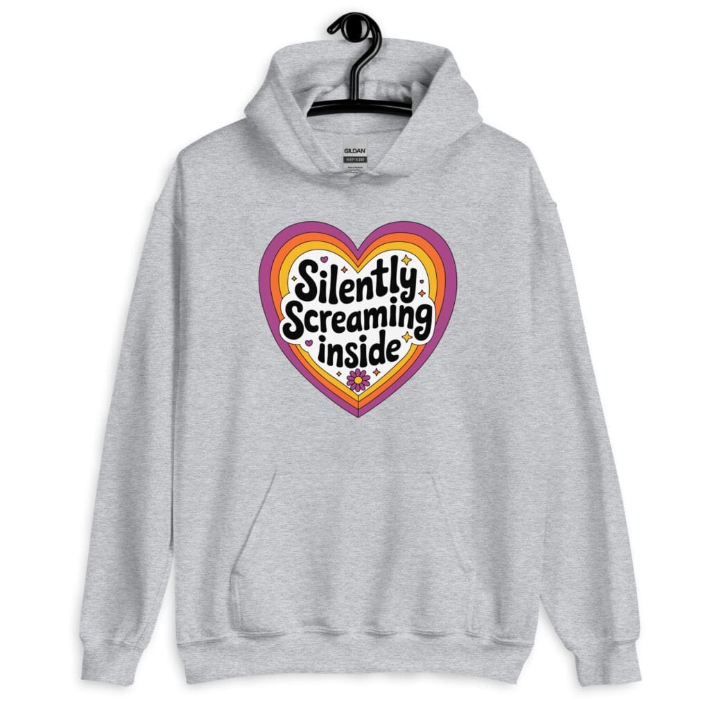 Sport grey hoodie sweatshirt with a colorful graphic that says 'Silently screaming inside'. The graphics are printed on the front.