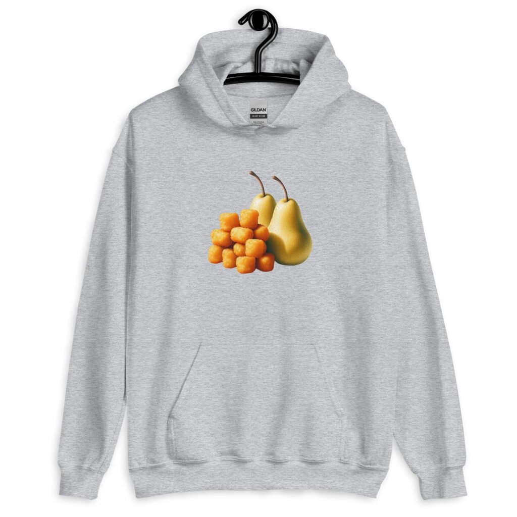 Sport grey hoodie sweatshirt with an image of tater tots and two pears printed on the front.