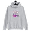 Sport grey hoodie sweatshirt that has image of a purple anal plug with a smile face with a speech bubble above with the words 'Don't forget to stretch'. The graphics are printed on the front of the hoodie.