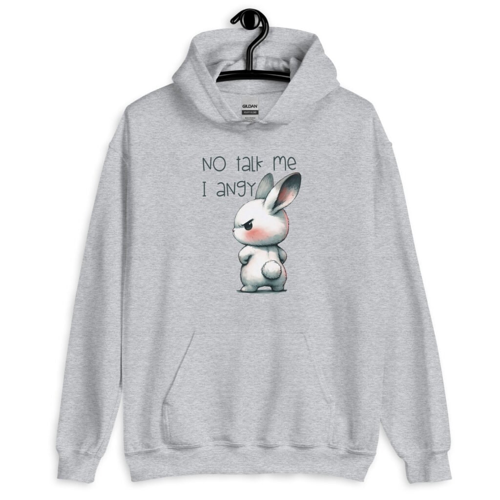 Sport grey hoodie sweatshirt with an image of an angry bunny and the text 'No talk me I angy' printed on the front.