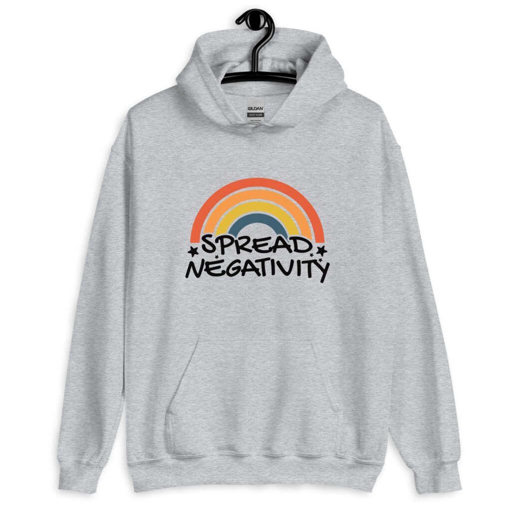 Sport grey hoodie sweatshirt with a graphic of a rainbow and the words 'Spread negativity' printed on the front.