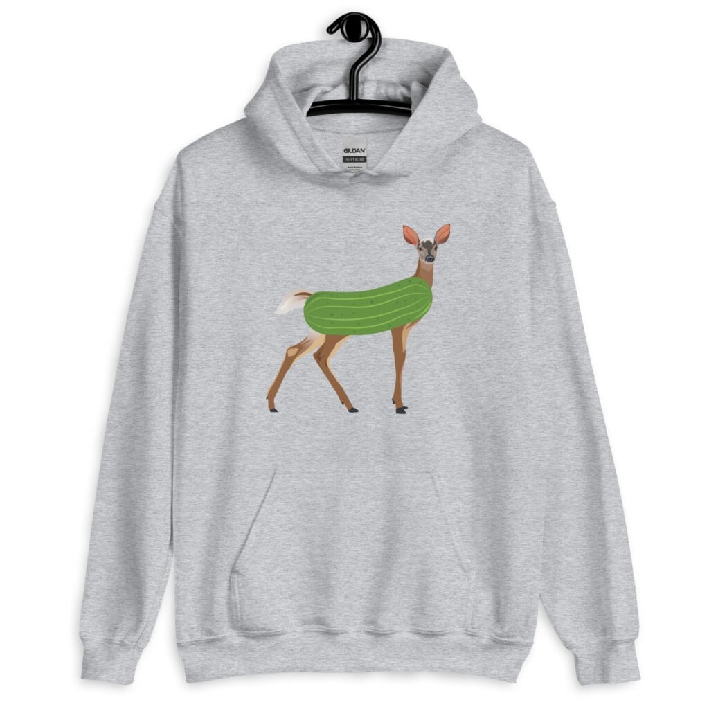 Sport grey hoodie sweatshirt with funny image of a doe deer with a dill pickle body printed on the front.