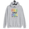 Sport grey hoodie sweatshirt with the text 'Free Dad hugs' printed on the front in rainbow letters.