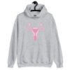 Sport grey hoodie sweatshirt with image of a pink uterus flipping middle finger graphic printed on the front.