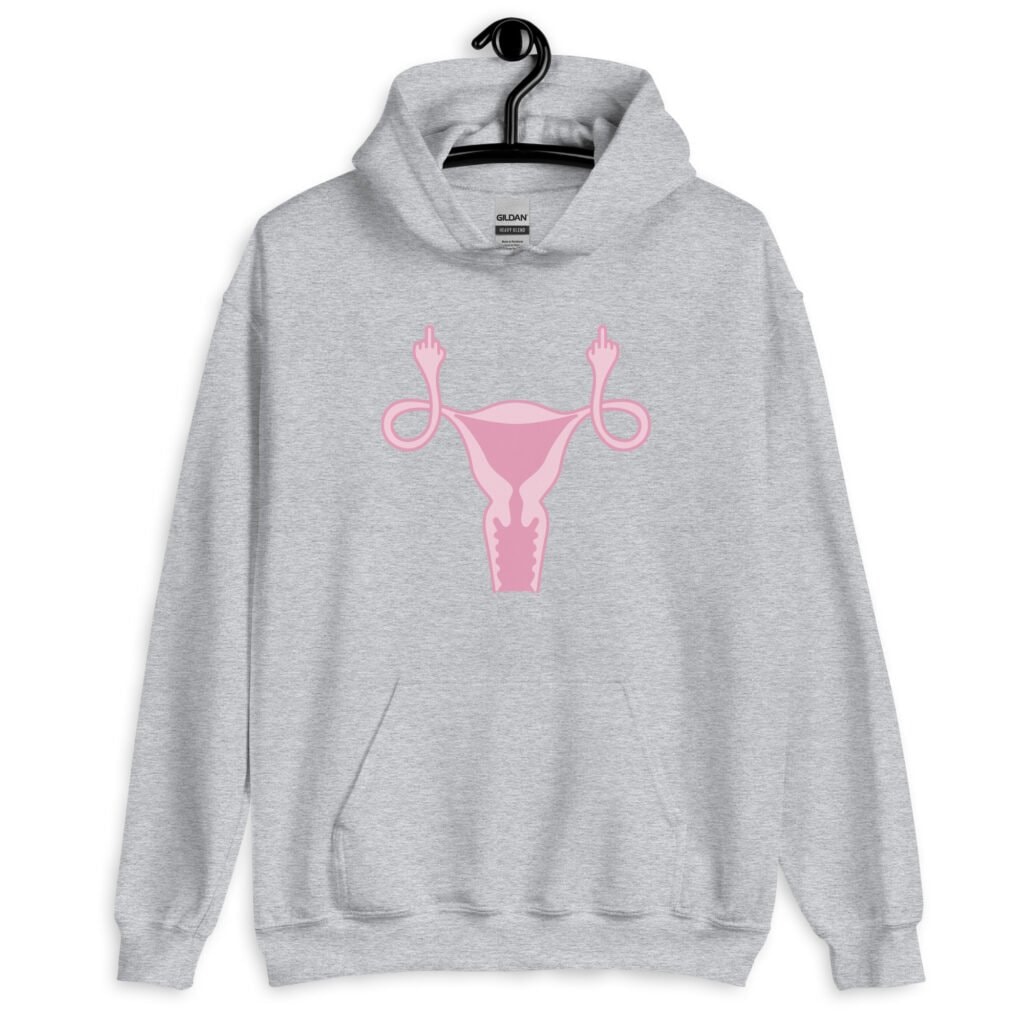 Sport grey hoodie sweatshirt with image of a pink uterus flipping middle finger graphic printed on the front.