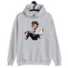 Sport grey hoodie sweatshirt that has a graphic of an angry looking retro woman holding a knife and a sign. The sign says 'Tell me to calm down. I dare you.' The graphic is printed on the front of the hoodie.