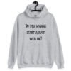 Sport grey hoodie sweatshirt with the text 'Do you wanna start a cult with me' printed on the front.