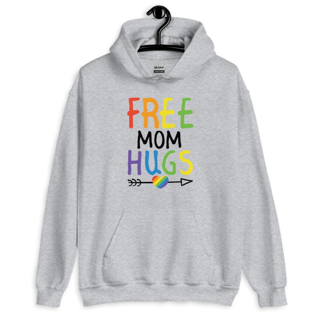 Sport grey hoodie sweatshirt with the text 'Free Mom hugs' in rainbow lettering printed on the front.