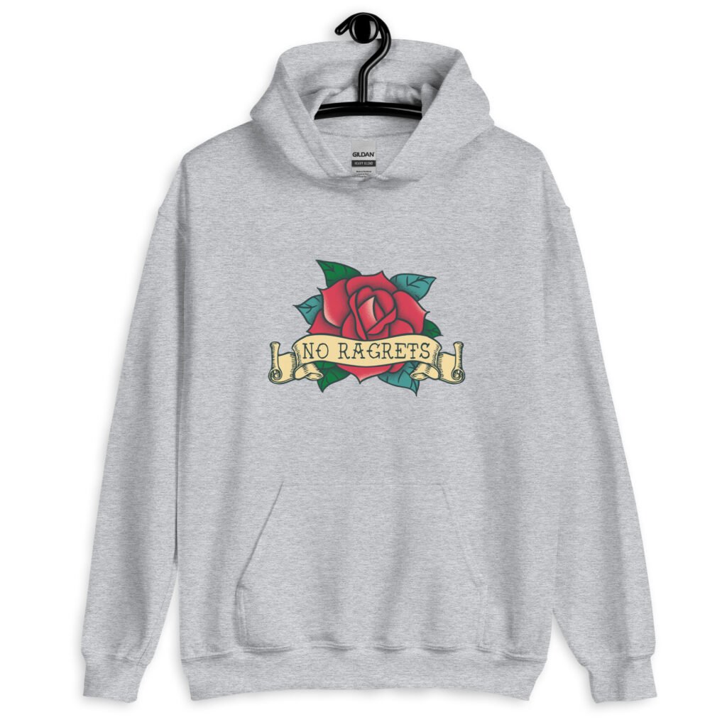Sport grey hoodie sweatshirt with funny image of an old school rose flash tattoo with the words 'No ragrets' intentionally misspelled.