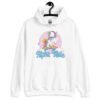 White hoodie sweatshirt with funny pastel rainbow unicorn graphics and the words Alpha Male printed on the front.