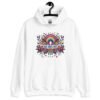 White hoodie sweatshirt with colorful boho floral design and the test 'Bad vibes only' printed on the front.