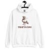White hoodie sweatshirt with an image of a pigeon and the words 'That's coo.' printed on the front.