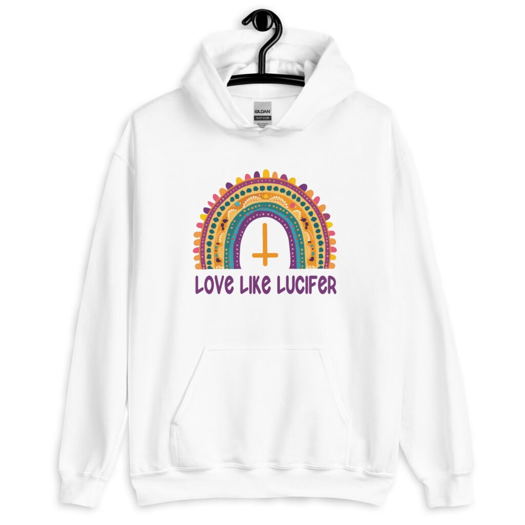 White hoodie sweatshirt with an image of a boho style rainbow. There is an upside down cross in the center arch of the rainbow and the text 'Love like Lucifer' printed under. The graphics are printed on the front.