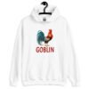 White hoodie with an image of a rooster and the word 'Goblin' printed under the rooster. The graphics are printed on the front of the hoodie.