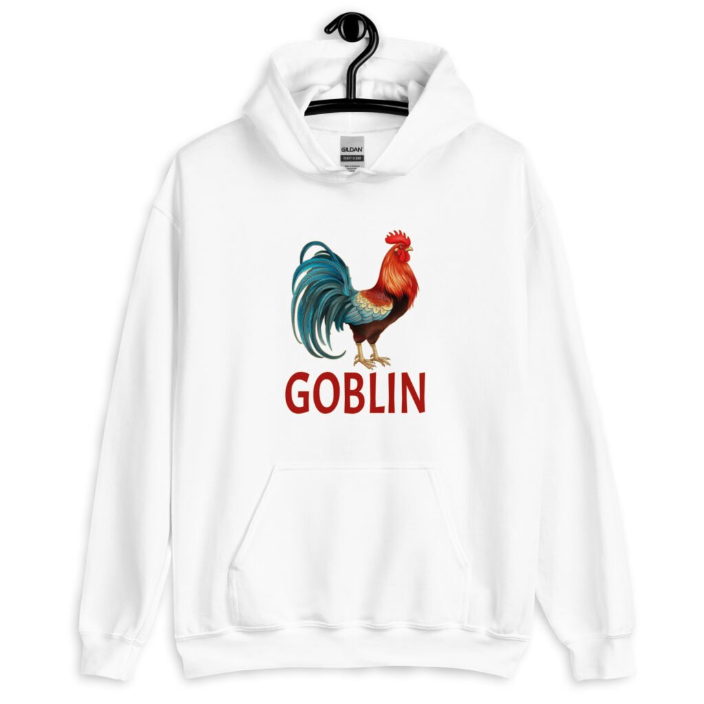 White hoodie with an image of a rooster and the word 'Goblin' printed under the rooster. The graphics are printed on the front of the hoodie.