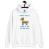 White hoodie sweatshirt with an image of a colorful donkey pinata with the words 'Worst part is I kind of like getting beat' printed on the front.
