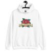 White hoodie sweatshirt with funny image of an old school rose flash tattoo with the words 'No ragrets' intentionally misspelled.