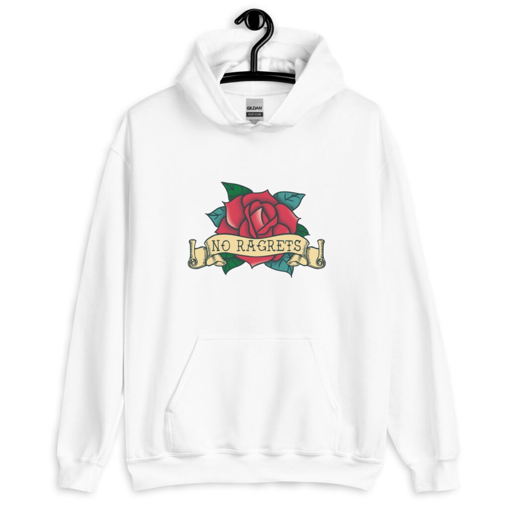 White hoodie sweatshirt with funny image of an old school rose flash tattoo with the words 'No ragrets' intentionally misspelled.