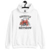 White hoodie sweatshirt with a circus theme graphic and the text 'Ringmaster of the Shitshow' printed on the front.