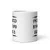 White ceramic coffee mug with the text 'I'm exhausted by how stupid everyone is' printed on both sides of the mug.