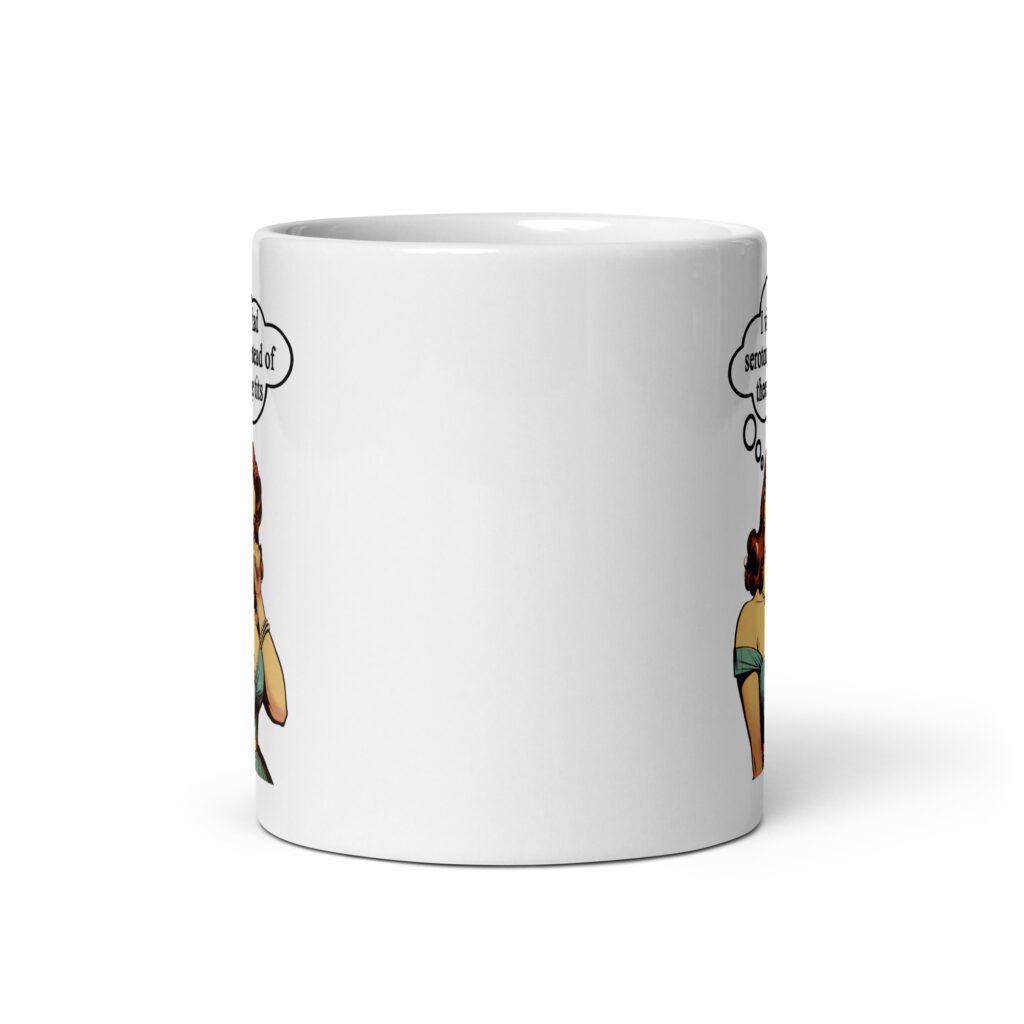 White ceramic coffee mug with an image of a busty pin-up lady with thought bubble that says 'I wish I had serotonin instead of these huge tits' printed on both sides of the mug.