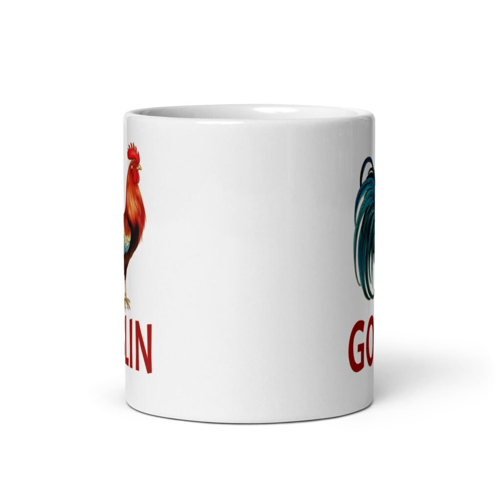White ceramic coffee mug with an image of a rooster and the word 'Goblin' printed under the rooster. The graphics are printed on both sides of the mug.