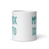 White ceramic coffee mug with the text 'My dick is keto' printed on both sides in turquoise font.