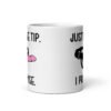 White ceramic coffee mug that has an image of a strap-on dildo and the words 'Just the tip. I promise.' printed on both sides.