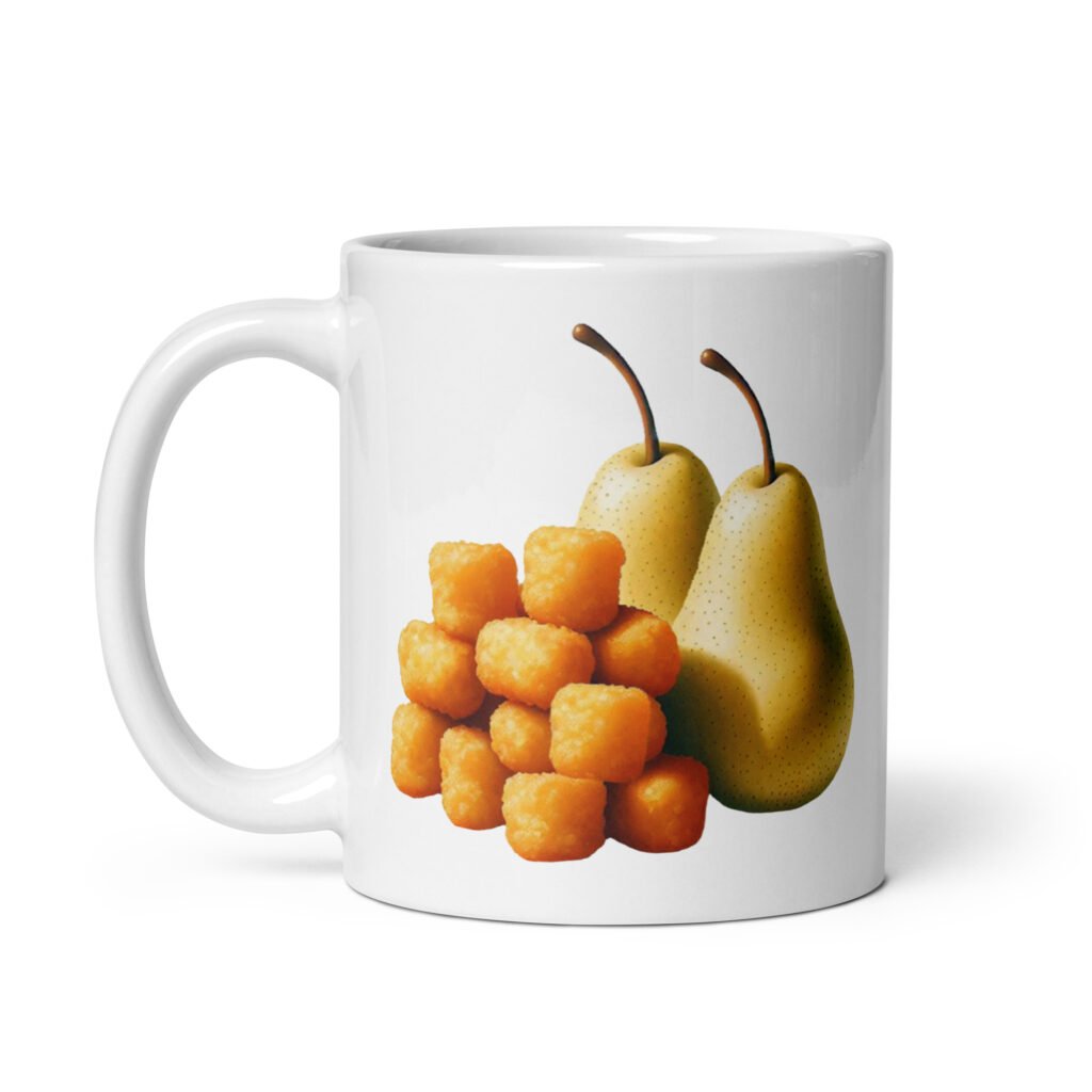 White ceramic mug with an image of tater tots and two pears printed on both sides.