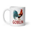 White ceramic coffee mug with an image of a rooster and the word 'Goblin' printed under the rooster. The graphics are printed on both sides of the mug.