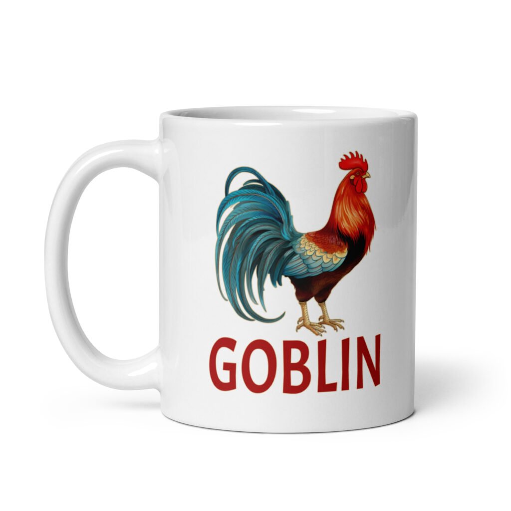 White ceramic coffee mug with an image of a rooster and the word 'Goblin' printed under the rooster. The graphics are printed on both sides of the mug.