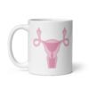 White ceramic coffee mug with with image of a pink uterus flipping middle finger graphic printed on both sides.