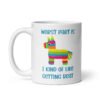 White ceramic coffee mug with an image of a colorful donkey pinata with the words 'Worst part is I kind of like getting beat' printed on both sides.